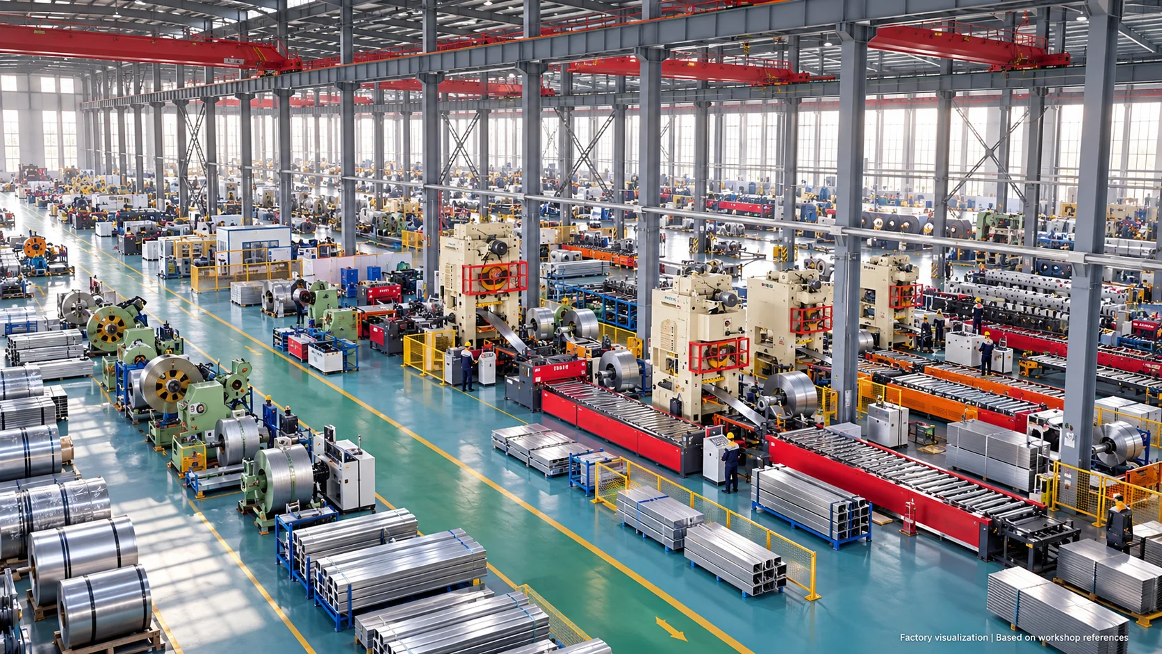 Concept visualization of a steel fabrication workshop from above
